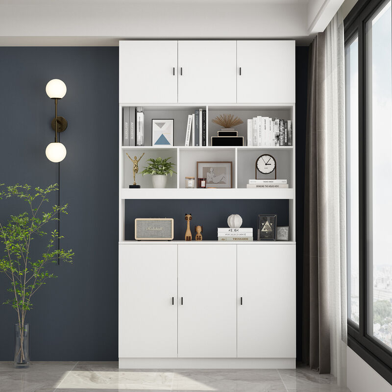 FUFU&GAGA White Storage Cabinet with Glass Doors & Open Shelf, 25mm+15mm+12mm PB Board Construction, Modern Multi-Functional Wardrobe (47.2 x 12.2 x 87.8 in)