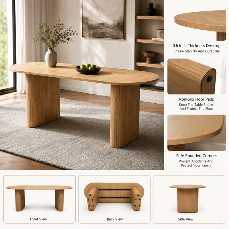 Oval dining table for 6 to 8 MDF dining table with metal frame Modern farmhouse dining table with wood strip base for kitchen image number 5