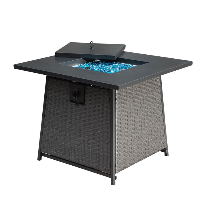 28 Inch Propane Fire Pits Table with Blue Glass Ball,50,000 BTU Outdoor Wicker Fire Table with ETL-Certified,2-in-1 Square Steel Gas Firepits (Dark Gray)