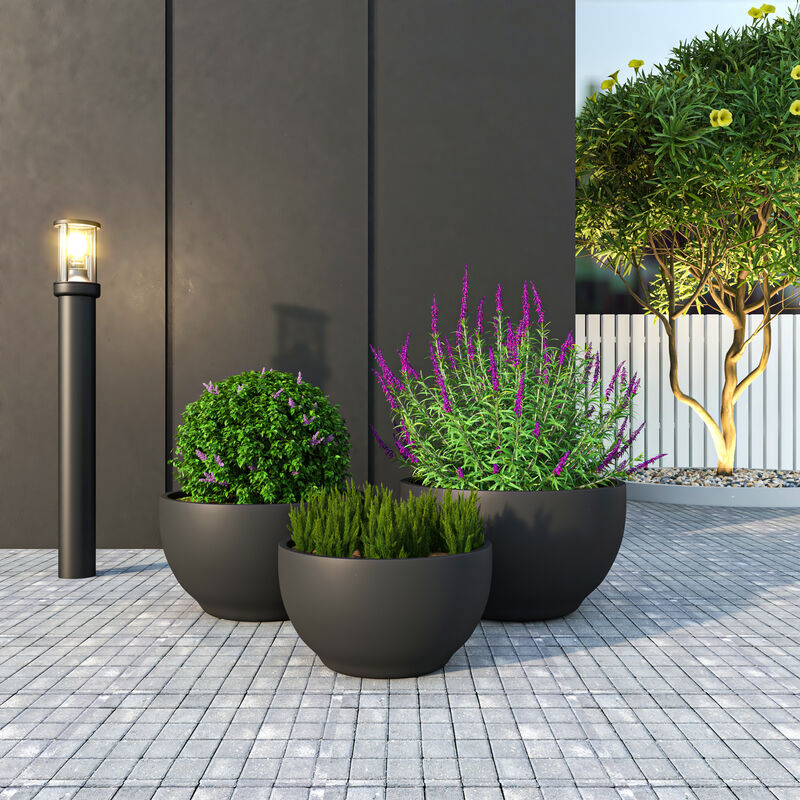 LeisureMod Grove Series Poly Stone Planter Set in Black