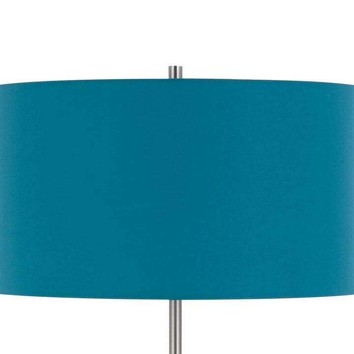 Sie 59 Inch Floor Lamp, Aqua Blue Linen Shade, Round Base, Silver Metal - Benzara