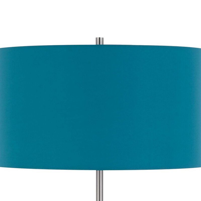 Sie 59 Inch Floor Lamp, Aqua Blue Linen Shade, Round Base, Silver Metal - Benzara