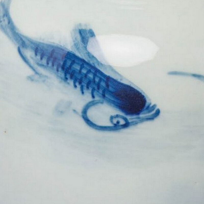 8 Inch Lidded Ginger Jar, Painted Koi Fish, White Blue Porcelain, Set of 2 - Benzara