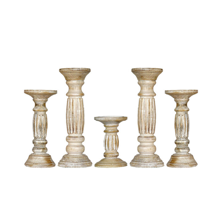 Traditional Antique White Eco-friendly Handmade Mango Wood Set Of Five 9",12",15",12" & 9" Pillar Candle Holder