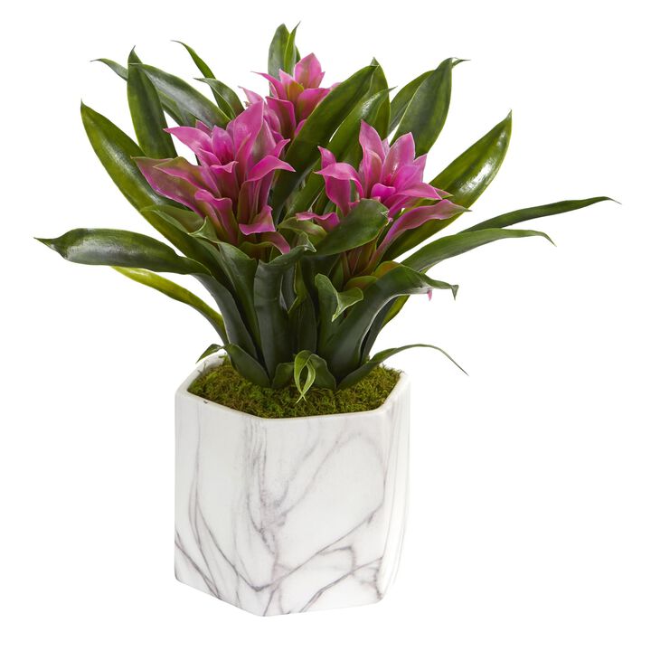 HomPlanti Bromeliad Artificial Plant in Marble Finished Vase - Purple