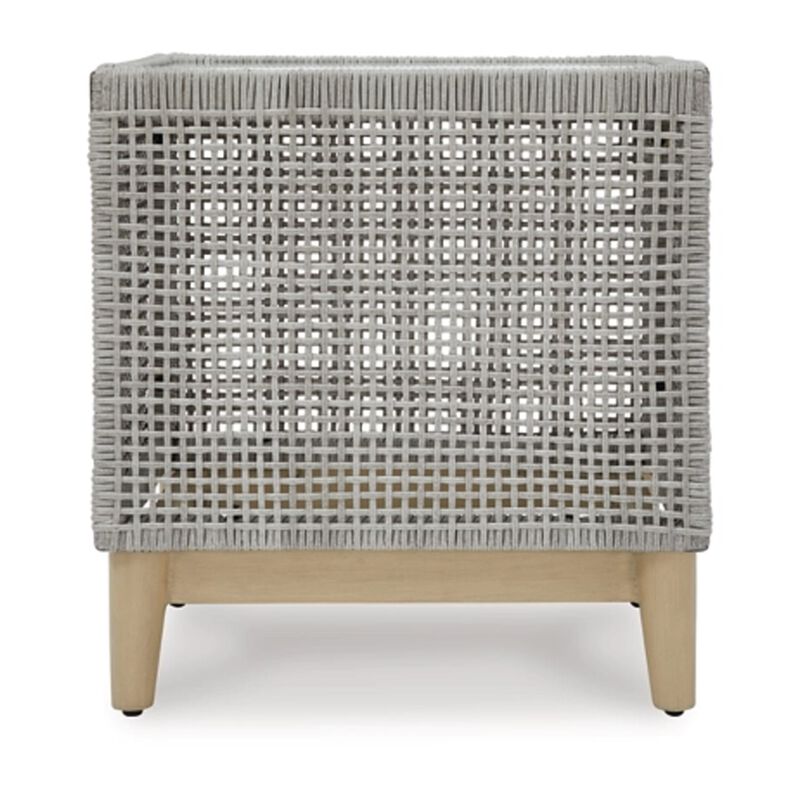 Yami 23 Inch Outdoor Side End Table, Resin Wicker, Tempered Glass Top, Gray - Benzara