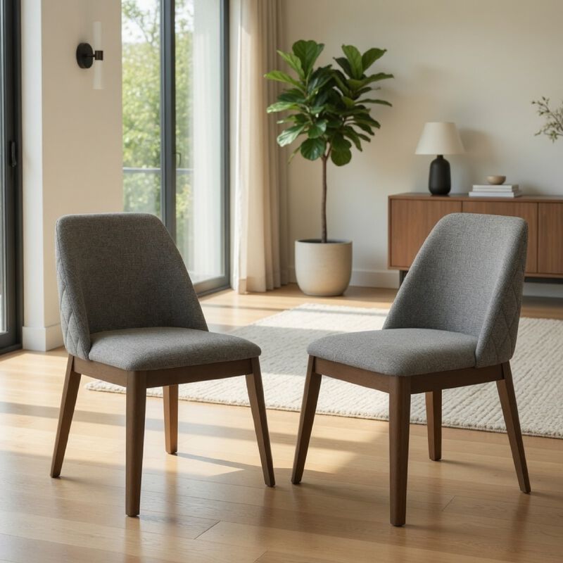 Freda Dining Chair, Set of 2, Gray Diamond Quilted Fabric, Brown Wood image number 8