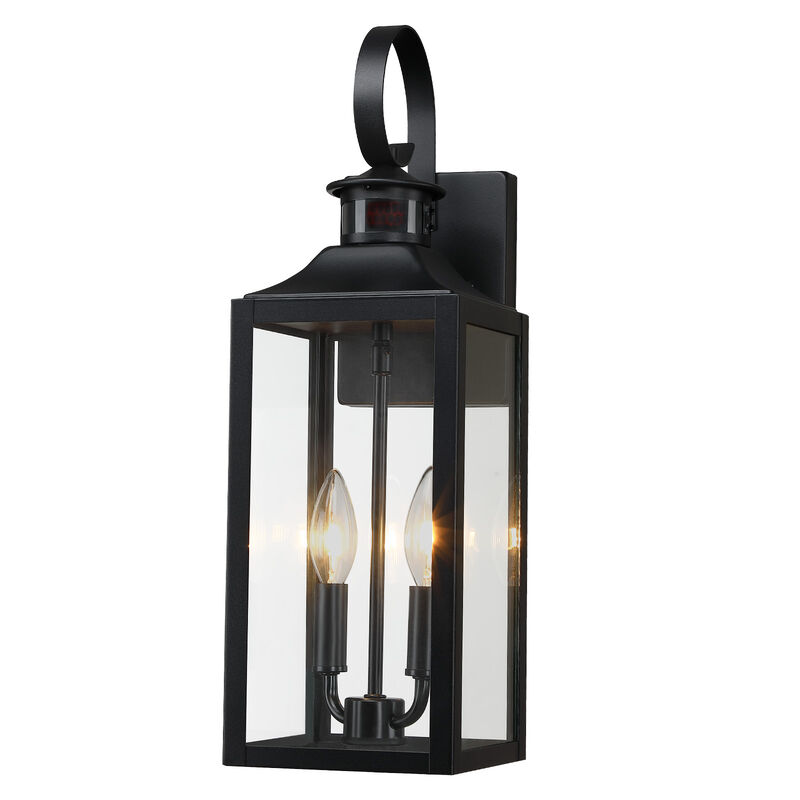 19 in. Modern Farmhouse Black 2-Light Dusk-to-Dawn Motion Sensor Outdoor Wall Lantern with Clear Glass Shade image number 0