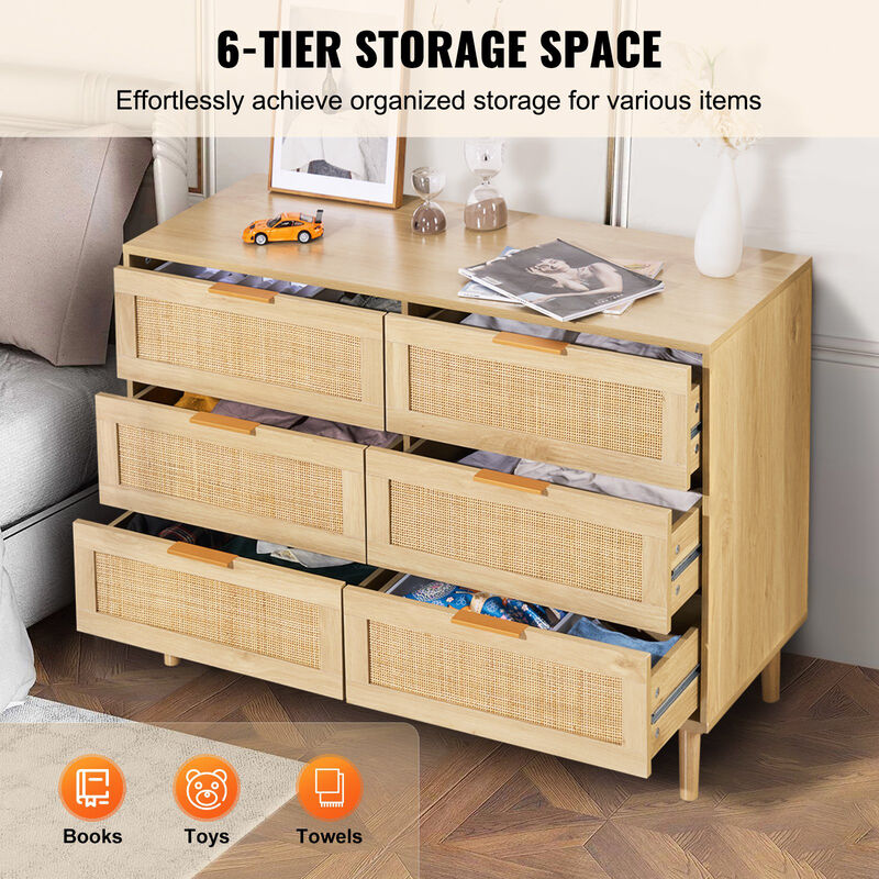 6 Drawer Rattan Dresser Chest of Drawers with Storage for Bedroom Living Room Hallway