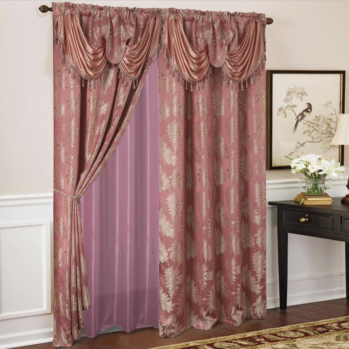 Olivia Gray Palm Floral Textured Jacquard 54 x 84 in. Single Rod Pocket Curtain Panel w/ Attached 18 in. Valance in Rose