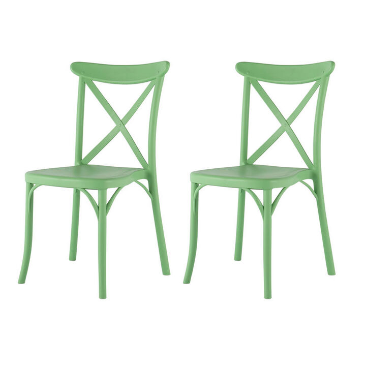 HomeRoots Set of Two Green Heavy Duty Plastic Outdoor Stacking Dining Chairs