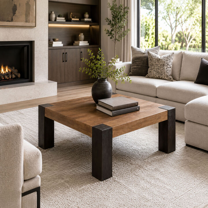 Kisa 44 Inch Square Coffee Table, Sandblasted Block Legs, Coffee Brown Mango Wood