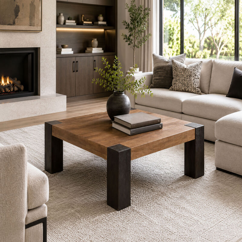 Kisa 44 Inch Square Coffee Table, Sandblasted Block Legs, Coffee Brown Mango Wood image number 1