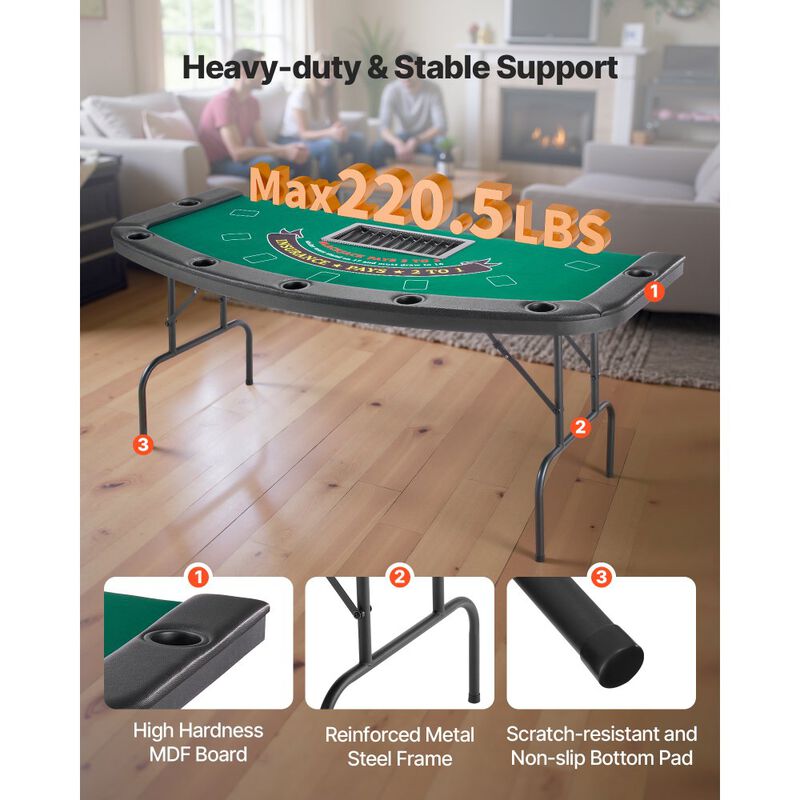 7 Player Folding Poker Table with Felt Top Padded Rails and Cup Holders image number 3