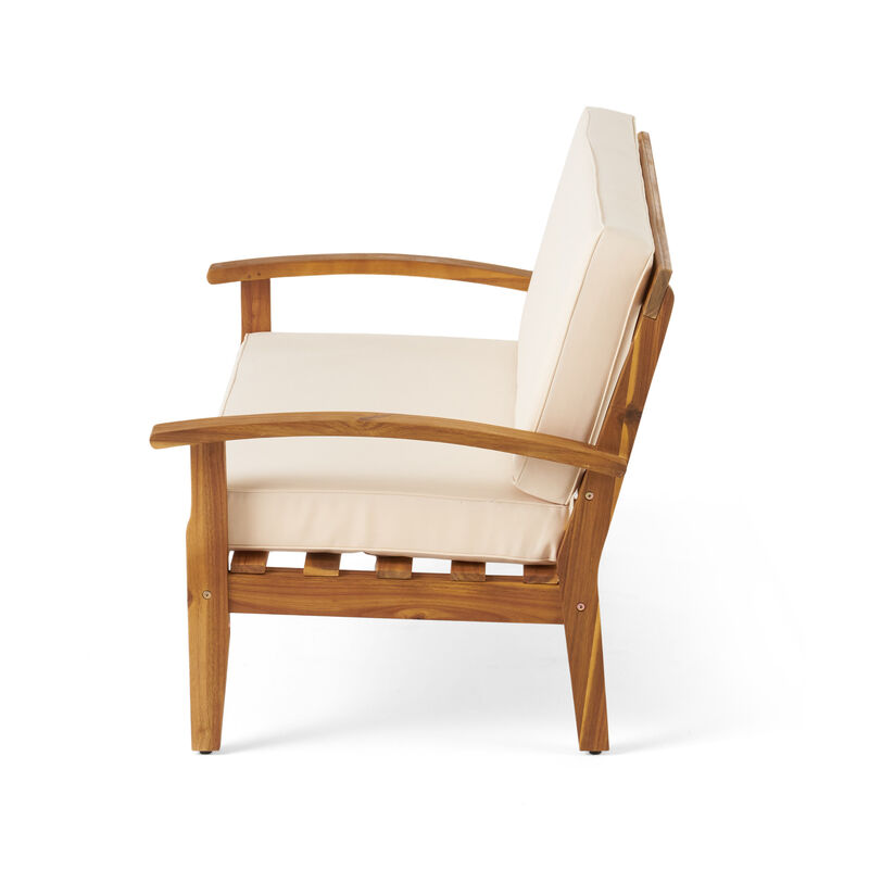 Merax Outdoor Loveseat Set with Side Table - Acacia Wood Patio Furniture, Water-Resistant Cushions, Compact Conversation Set for Deck/Garden