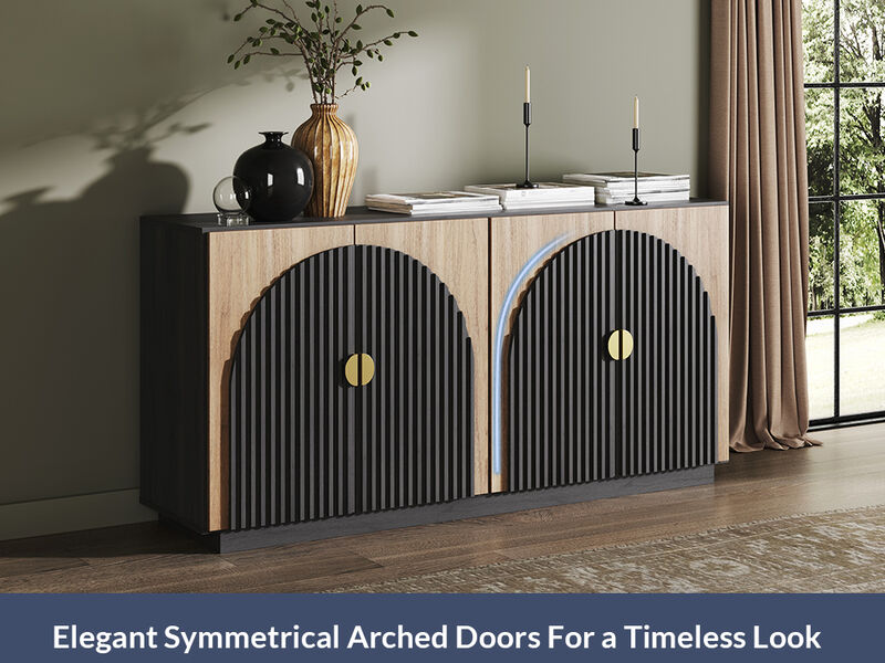 BELLEZE 65 Inch Fluted Buffet Cabinet with Storage, Symmetrical Arc Accent Sideboard Large Console Table for Dining Room, Kitchen, and Living Room (Camel)