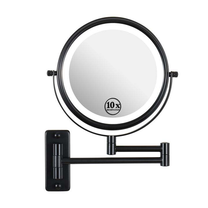 8-inch Wall Mounted Makeup Vanity Mirror, 3 colors Led lights, 1X/10X Magnification Mirror, 360° Swivel with Extension Arm (Black)