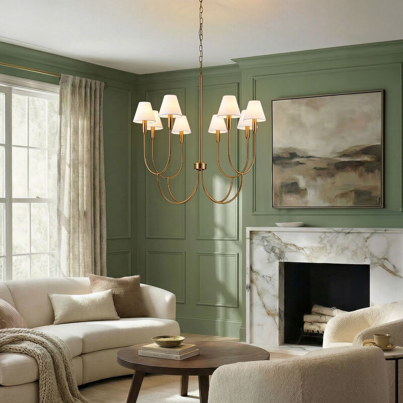8-Light 32-Inch Mid-century Modern Satin Brass Large Chandelier with White Linen Fabric Shades For Dining Room or Foyers image number 3