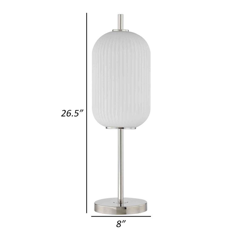 Aimy 27 Inch Table Lamp, LED Glass Shade, Metal, Chrome and White Finish - Benzara