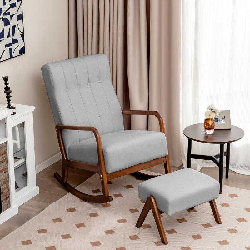Rocking Chair with Ottoman and Solid Rubber Wood Frame and Padded Cushion-Grey