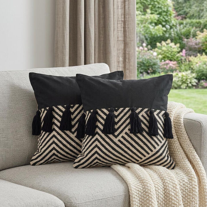 HomeRoots Set of Two Black and White Chevron Cotton Throw Pillow With Tassels