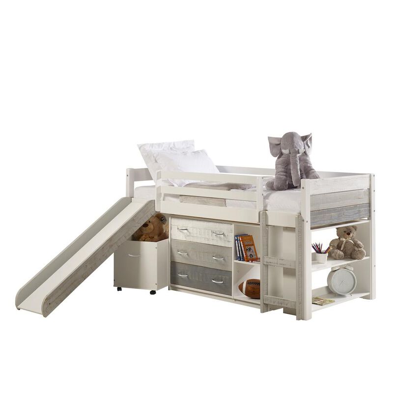 Donco Kids Twin Panel Low Loft Set With Slide & Case Pieces In Two-Tone Grey/White Finish