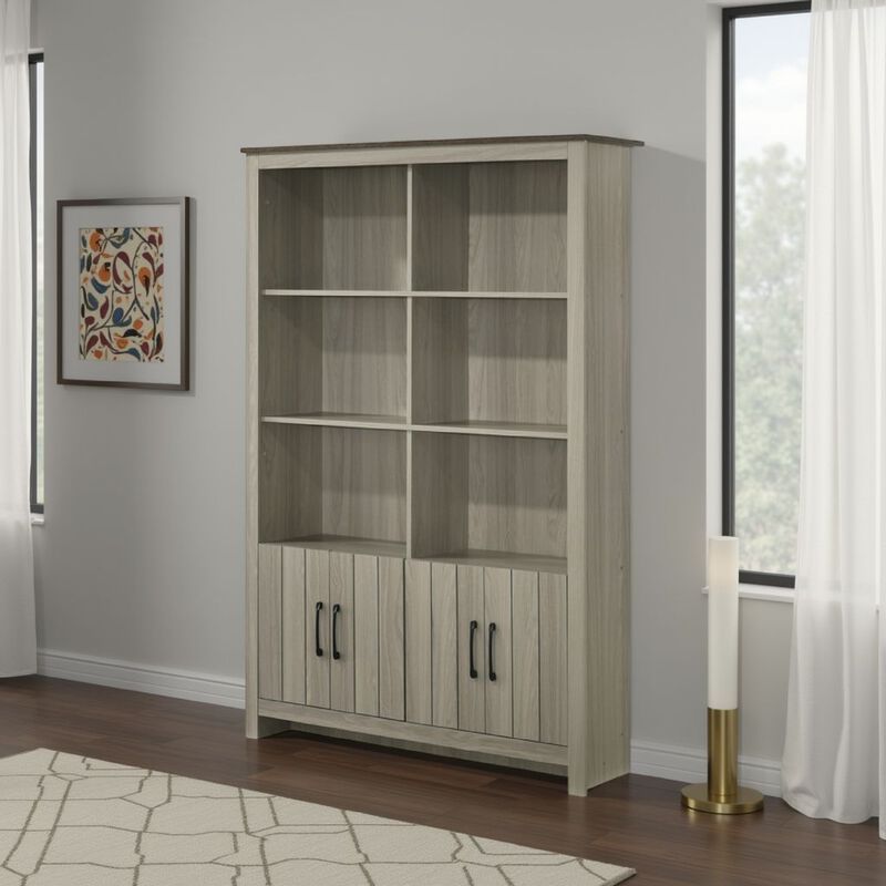 Nena Bookcase with 6 Shelves and 4 Cabinet Doors, Gray Wood 71 Inch - Benzara