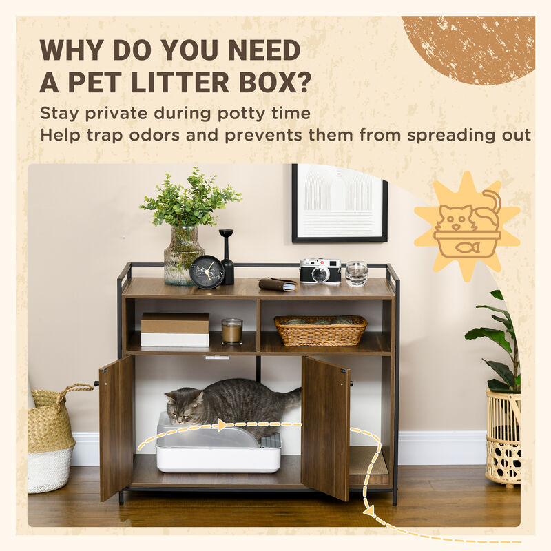 PawHut Hidden Cat Litter Box Enclosure w/ Scratching Pad, Doors, Storage