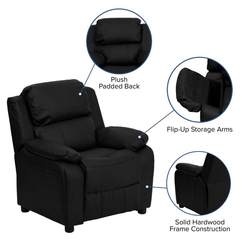 Flash Furniture Charlie LeatherSoft Kids Recliner with Flip-Up Storage Arms and Safety Recline, Contemporary Reclining Chair for Kids, Supports up to 90 lbs., Black