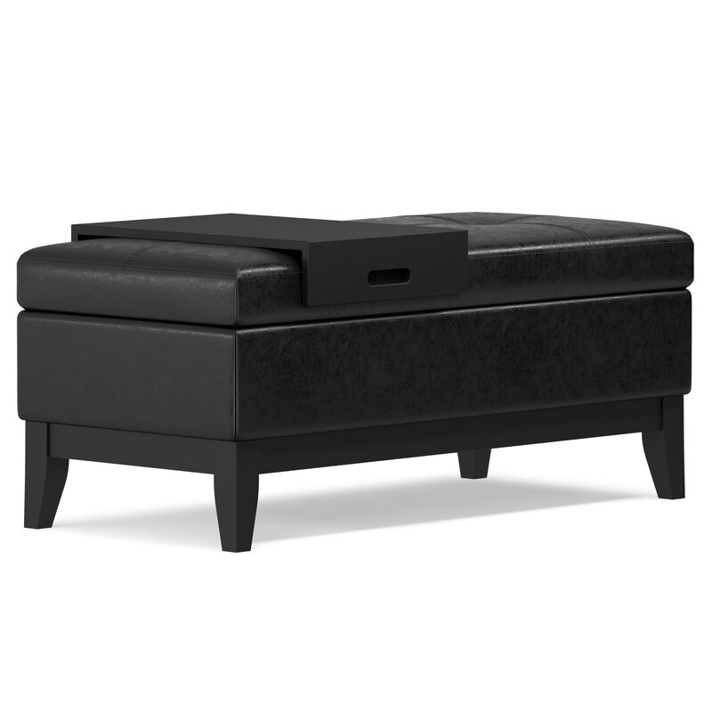 HomeRoots 42" Black and Dark Brown Tufted Faux Leather and Solid Wood Upholstered Storage Bench With Tray image number 3