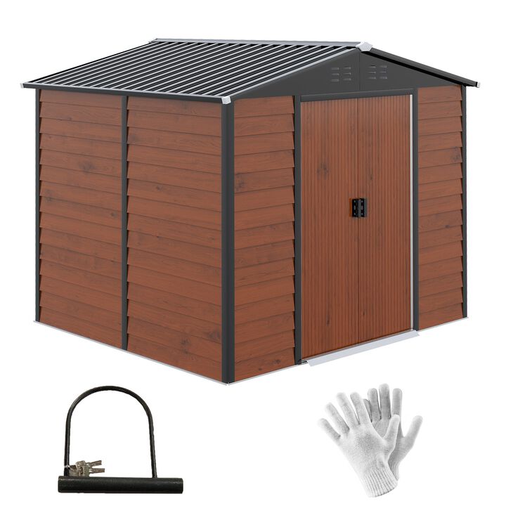 8x7 FT Outdoor Storage Shed, Galvanized Steel Metal Garden Shed with Double Sliding Lockable Door, Floor Frame, Vents, Waterproof Tool Shed for Backyard, Lawn, Patio, Teak