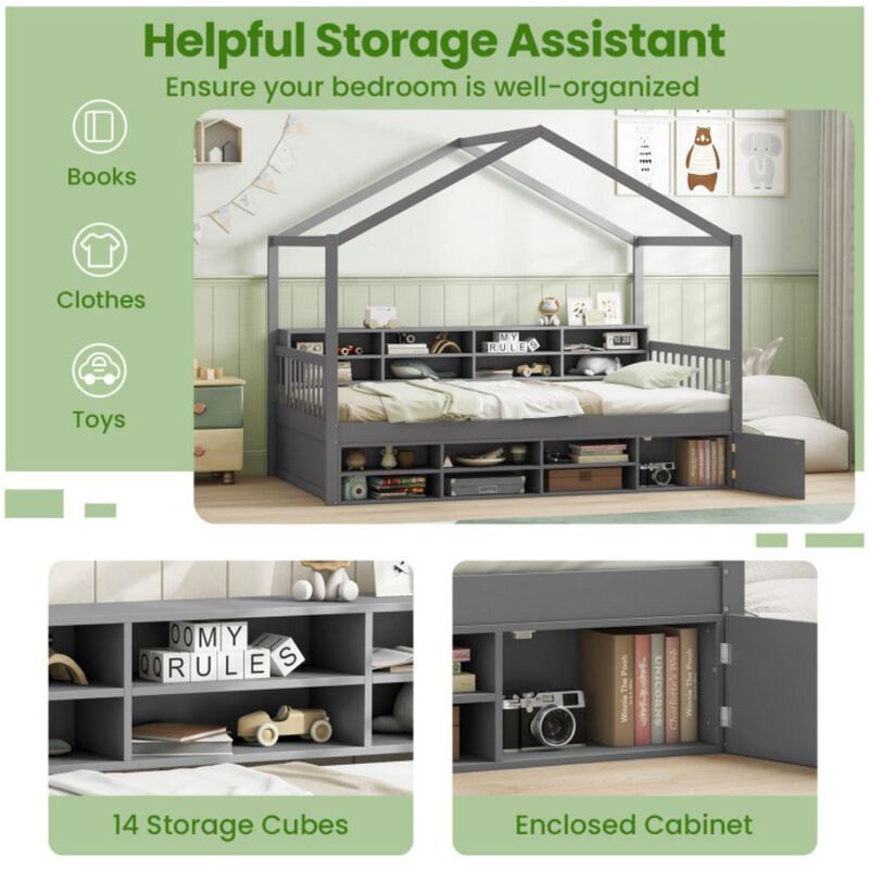 Hivvago Twin Size House Bed with Roof with 14 Storage Cubes and Enclosed Cabinet