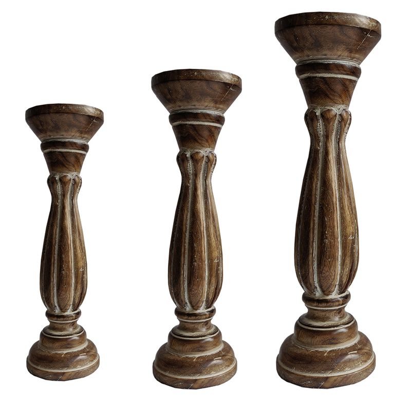 Handmade Wooden Candle Holder with Pillar Base Support, Distressed Brown, Set of 3-Benzara
