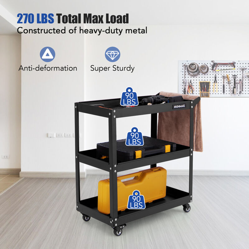 Rolling Cart with 3 Open Shelves, 2 Brakes & 360&deg; Swivel Wheels