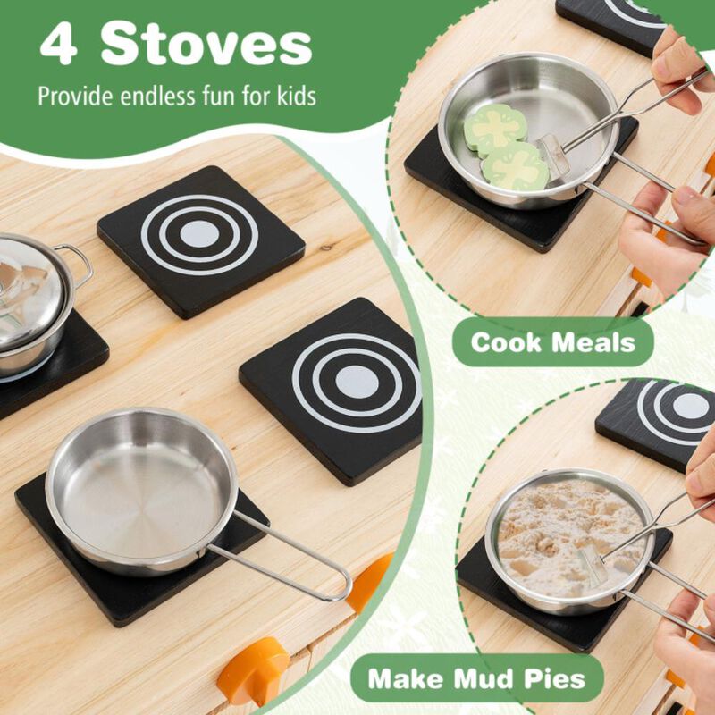 Hivvago Mud Kitchen Fir Wood Play Kitchen with Canopy and Sink and 4 Stoves