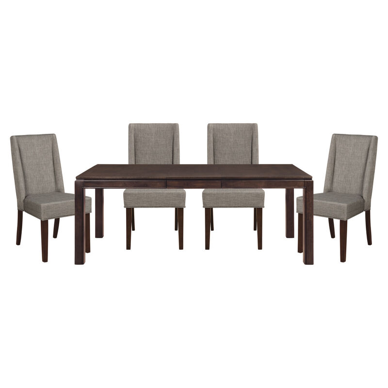 Contemporary Dark Brown 5pc Dining set Table with Extension Leaf and 4x Upholstered Side Chairs Modern Dining Room Furniture