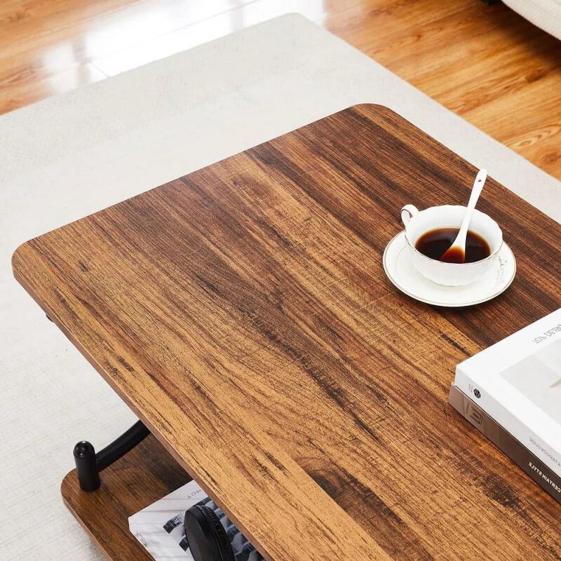 Hivvago Modern Industrial Black Metal Wood Coffee Table with Bottom Storage Shelf