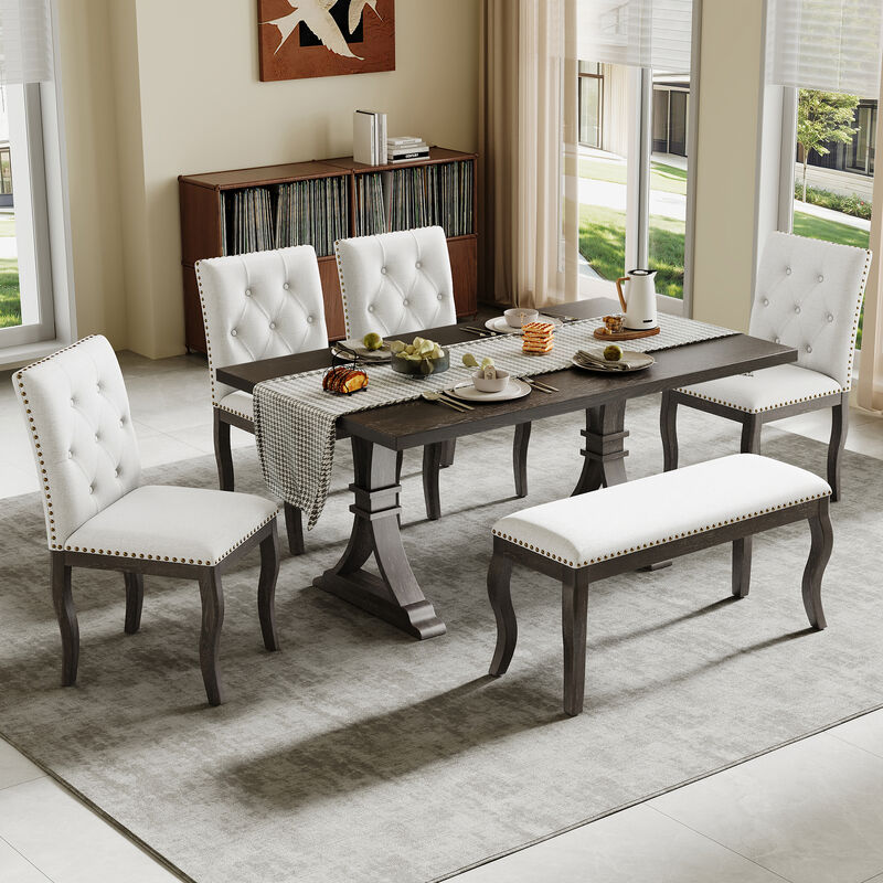 Whisen 6-Piece Dining Set with Bench, Farmhouse Natural Oak Table w/ 4 Upholstered Button Tufted Chairs, Solid Wood & MDF Kitchen Furniture image number 2