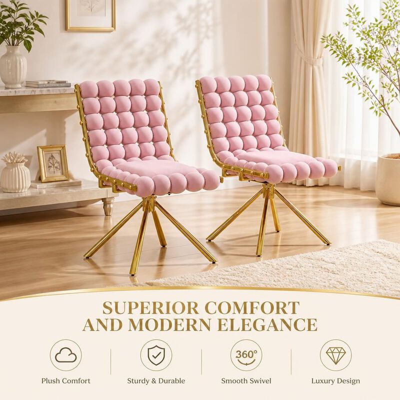 GOODSILO Set of Two Modern Tufted Puffy Bubble Velvet Dining Accent Swivel Chairs with Metal Legs for Dining Room and Kitchen image number 4