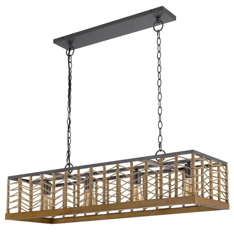 4 Light Pendant, Braided Burlap Shade, Caged Industrial Black Metal 40 Inch image number 0