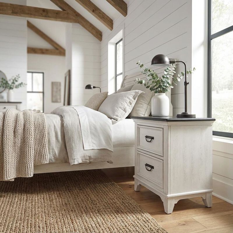 White Nightstand with Charging Station and Wirebrushed Finish image number 1