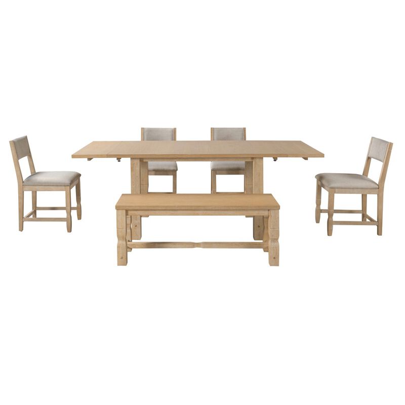 6 Piece Extendable Dining Set with Bench and Chairs solid wood dining set for kitchen dining room, rectangular dining table set with leaves image number 7