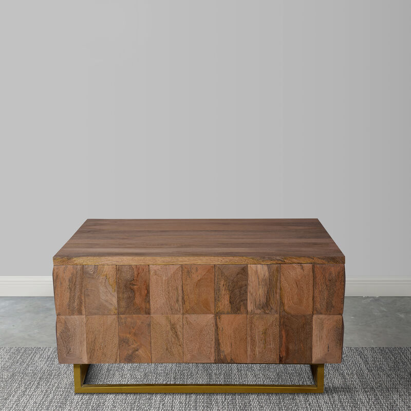33 Inch Lift Top Storage Trunk Coffee Table, Square, Mango Wood, Natural Brown-Benzara