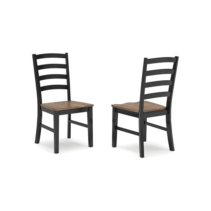Fleur Dining Side Chair Set of 2, Black Ladderback, Brown Solid Wood - Benzara