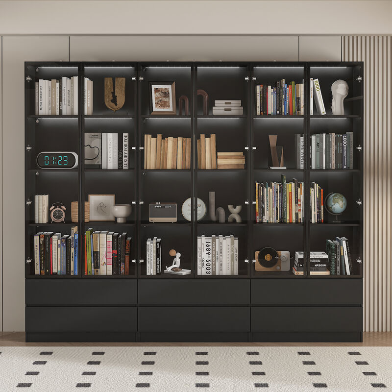FUFU&GAGA Black MDF 4 -Shelf Oversized set Bookcase with Doors, (94.5" L x 14.2" W x 78.7" H),Black
