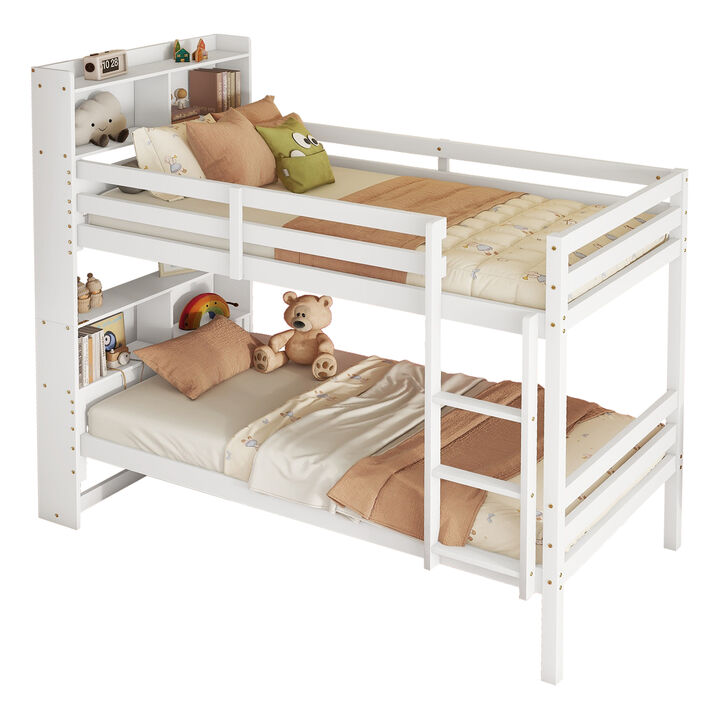 Whisen Twin Over Twin Bunk Bed with Built-in Bookcase Headboard, Safety Guardrails, and Detachable Ladder, Convertible to Two Individual Twin Beds