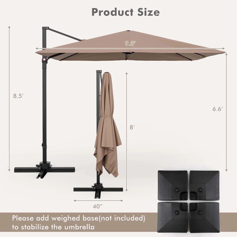 Mondawe 9.5 Feet Square Patio Cantilever Umbrella with 360° Rotation
