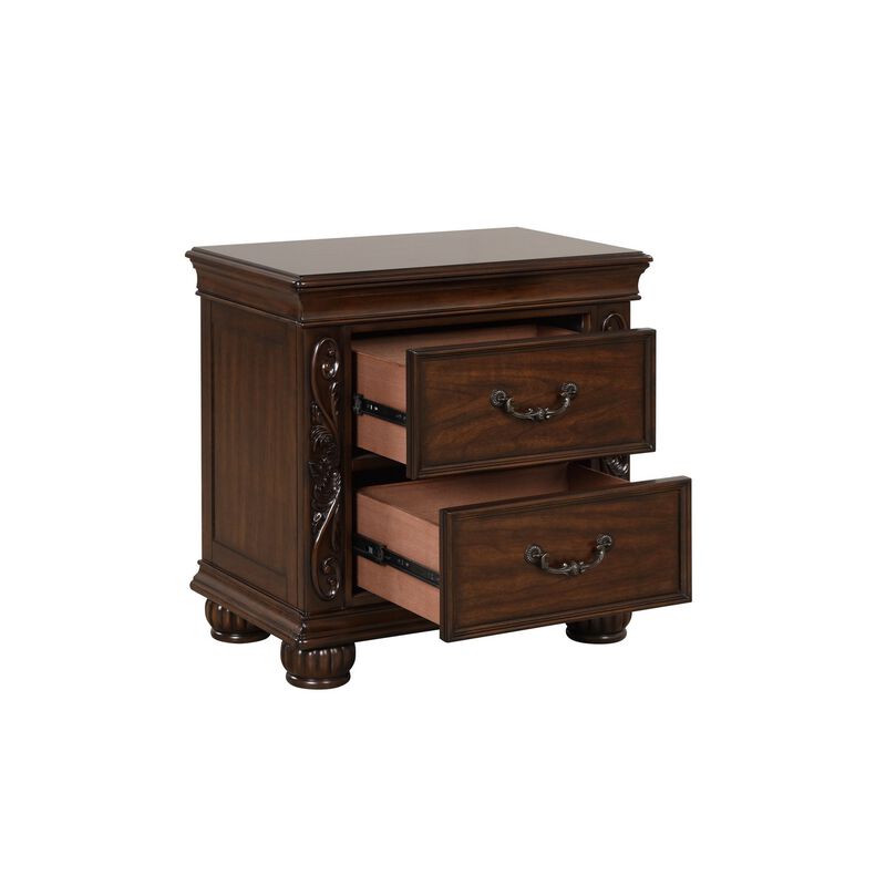 Akil 27 Inch Nightstand, 2 Drawers, Floral Carved Classic Cherry Brown Wood - Benzara
