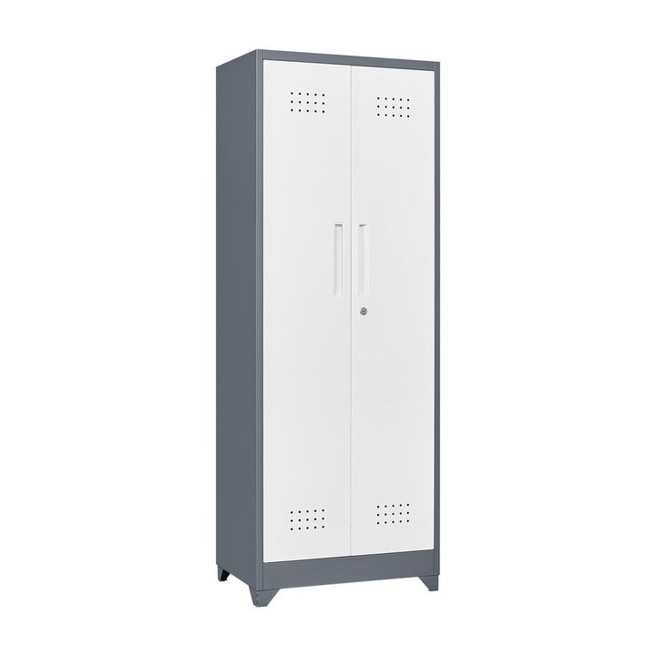 65" H Metal Broom Cleaning Tool Storage Cabinet With Locking Doors and Shelves