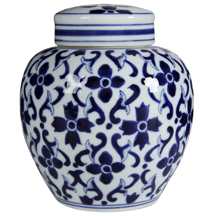 Traditional Style Urn Shape Ceramic Lidded Jar with Floral Pattern, White and Blue - Benzara